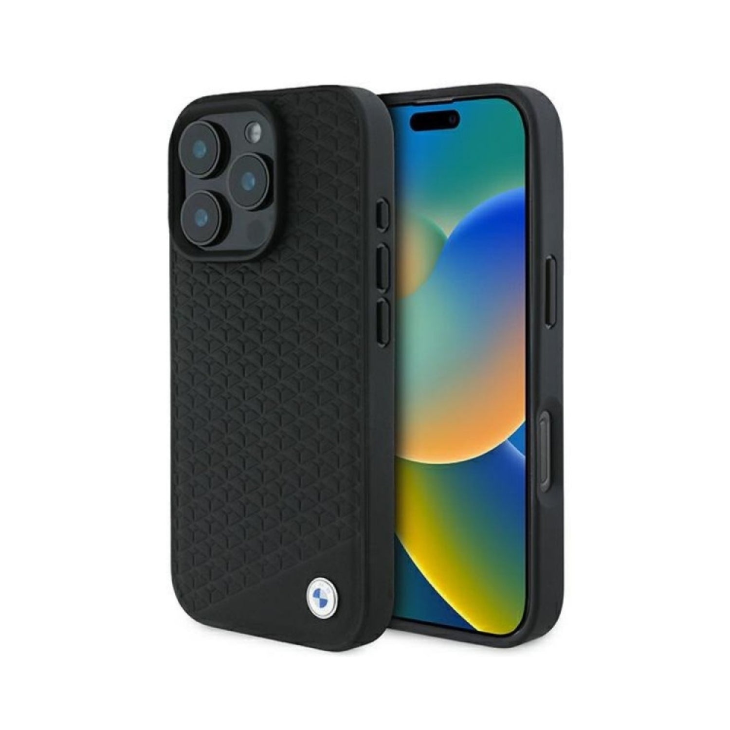 Case BMW Cuero Real + Patrón Diamante + Logo 3D iPhone 16 Pro Max