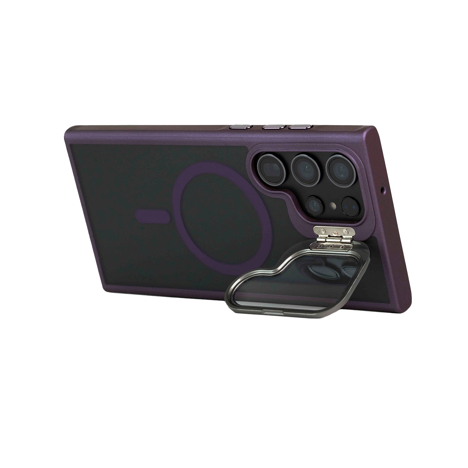 Funda Pro Mate color morado con soporte metálico plegable, cámara protegida y compatible con MagSafe en posición horizontal.