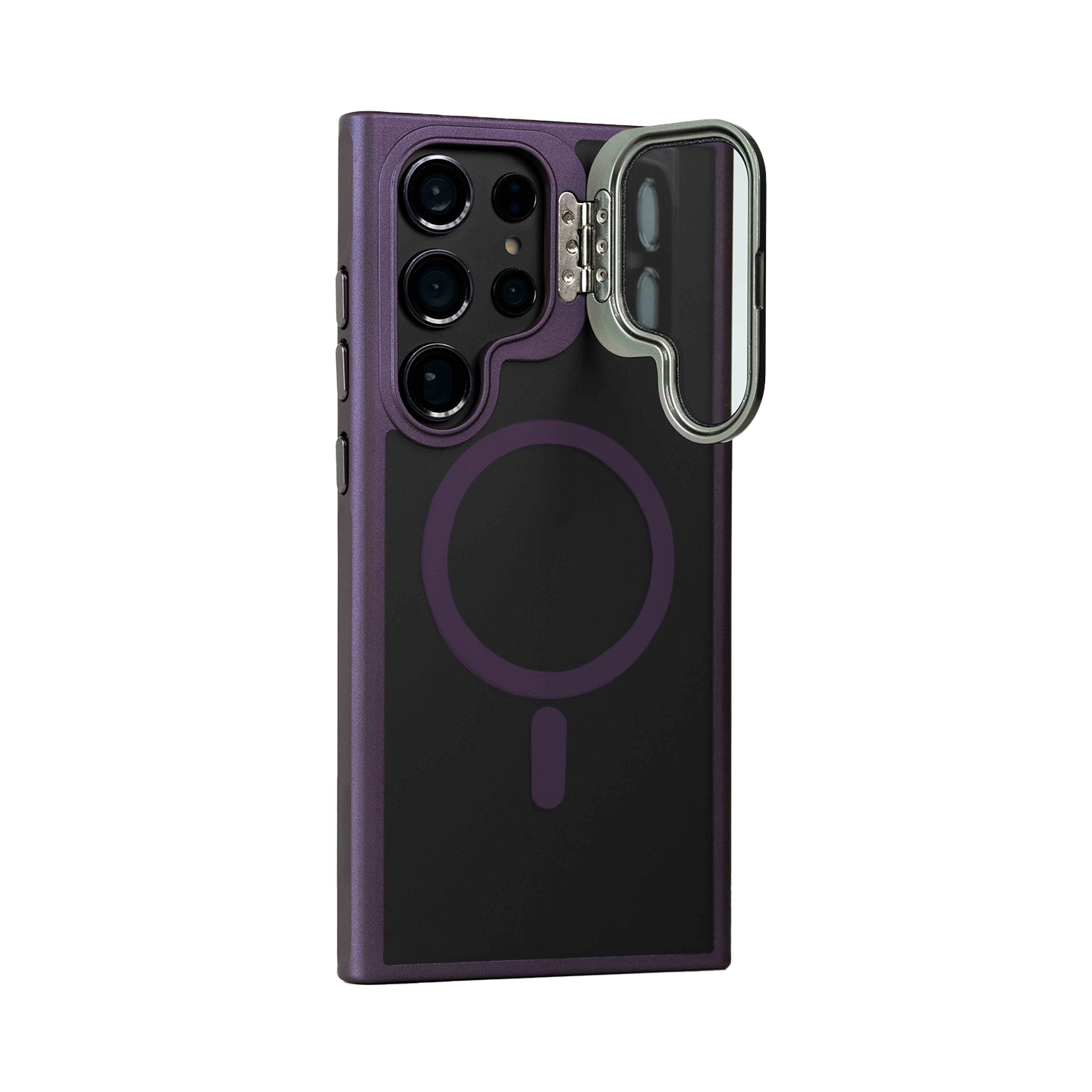 Case Pro Mate morado en vista vertical con soporte metálico plegable, cámara protegida y compatibilidad total con MagSafe.