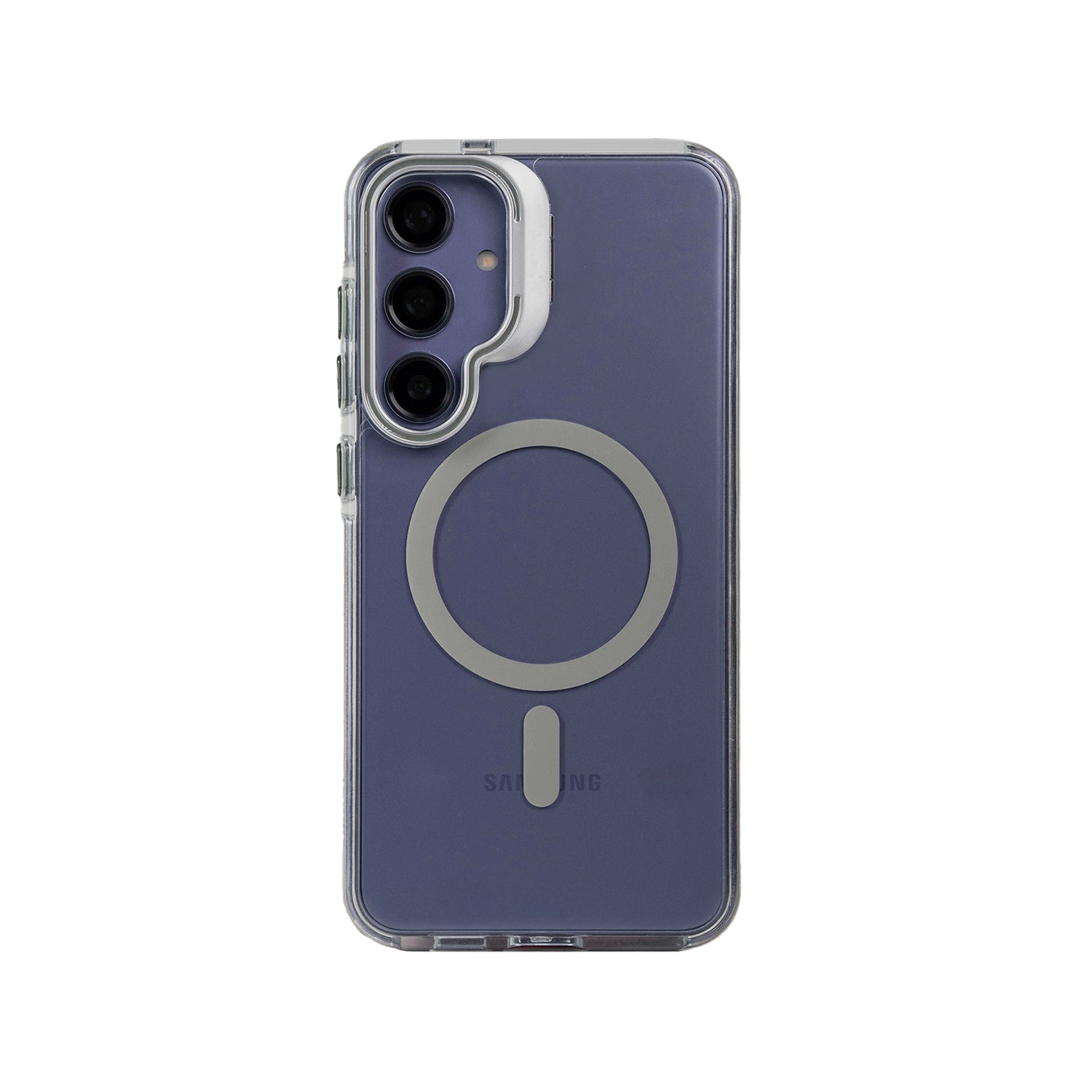 Funda Pro gris con anillo MagSafe visible, borde elevado de protección para cámara y soporte metálico discreto.