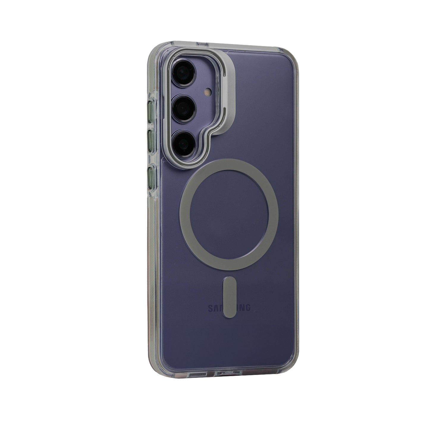 Case Pro gris en vista vertical con soporte metálico plegable, cámara protegida y compatibilidad total con MagSafe.