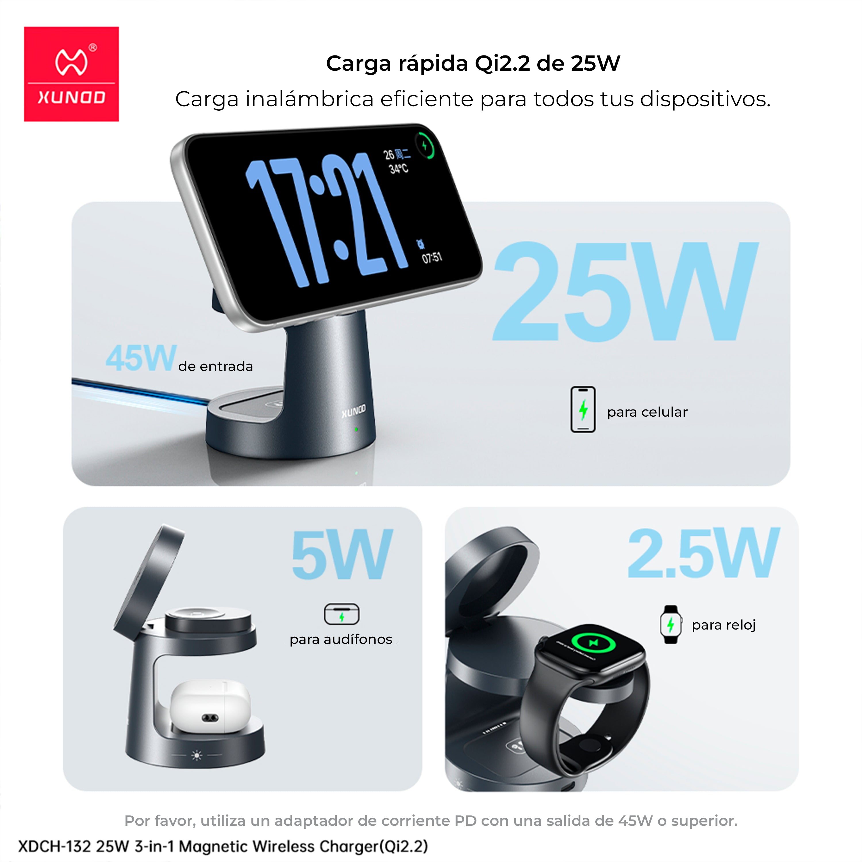 Cargador Stand Xundd 3 en 1 - 25W - Qi2.2