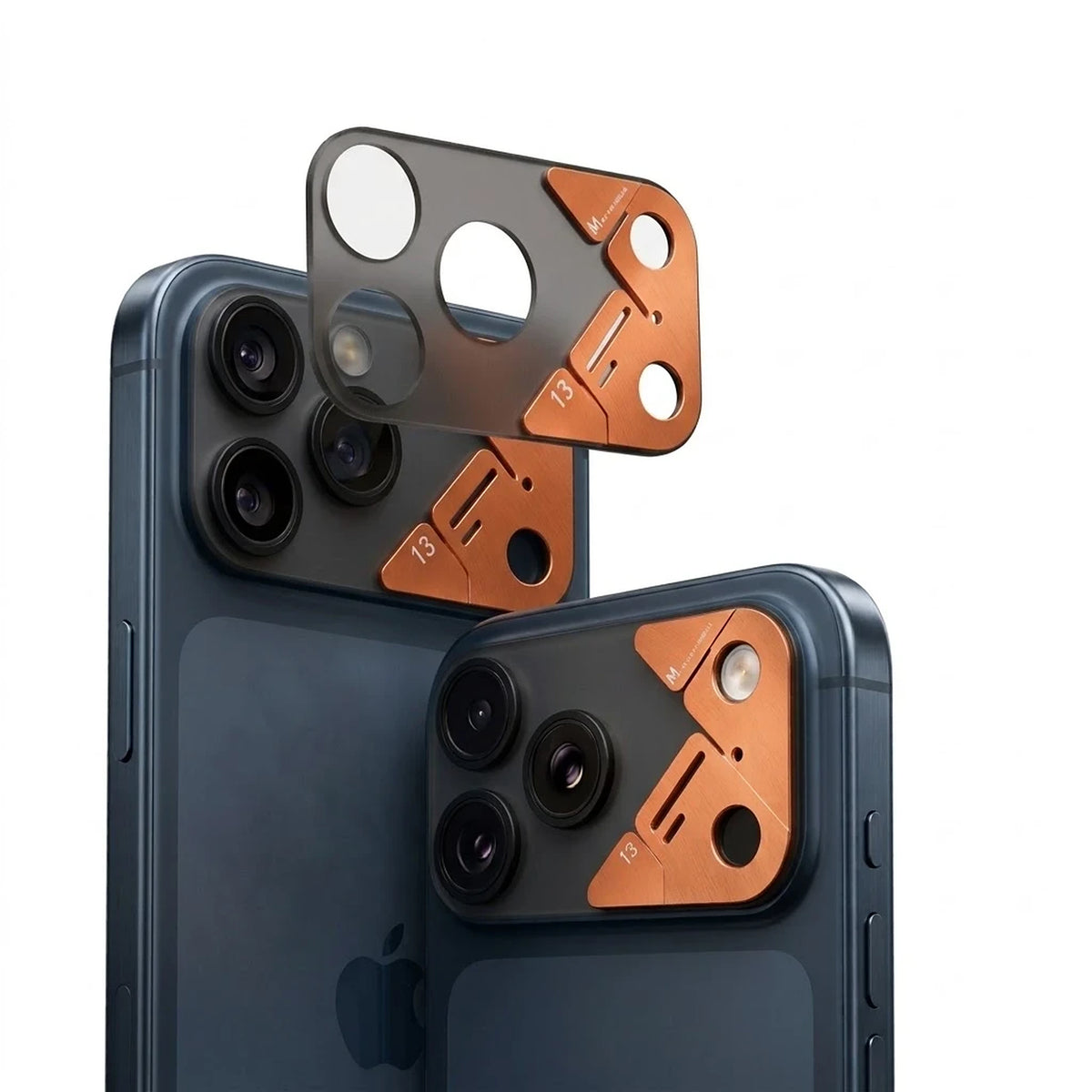 Protector de cámara OKSP a presión negro mate y naranja en iPhone 17 Pro Max azul
