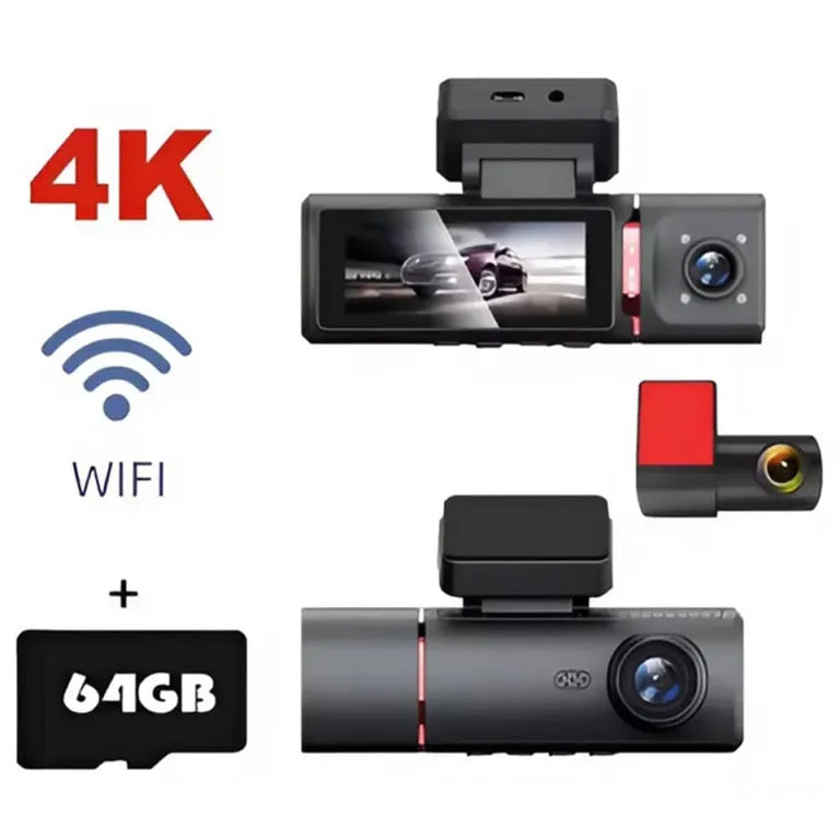 Cámara para Auto DashCam 3 Cámaras WIFI 4K + App + SD 64GB