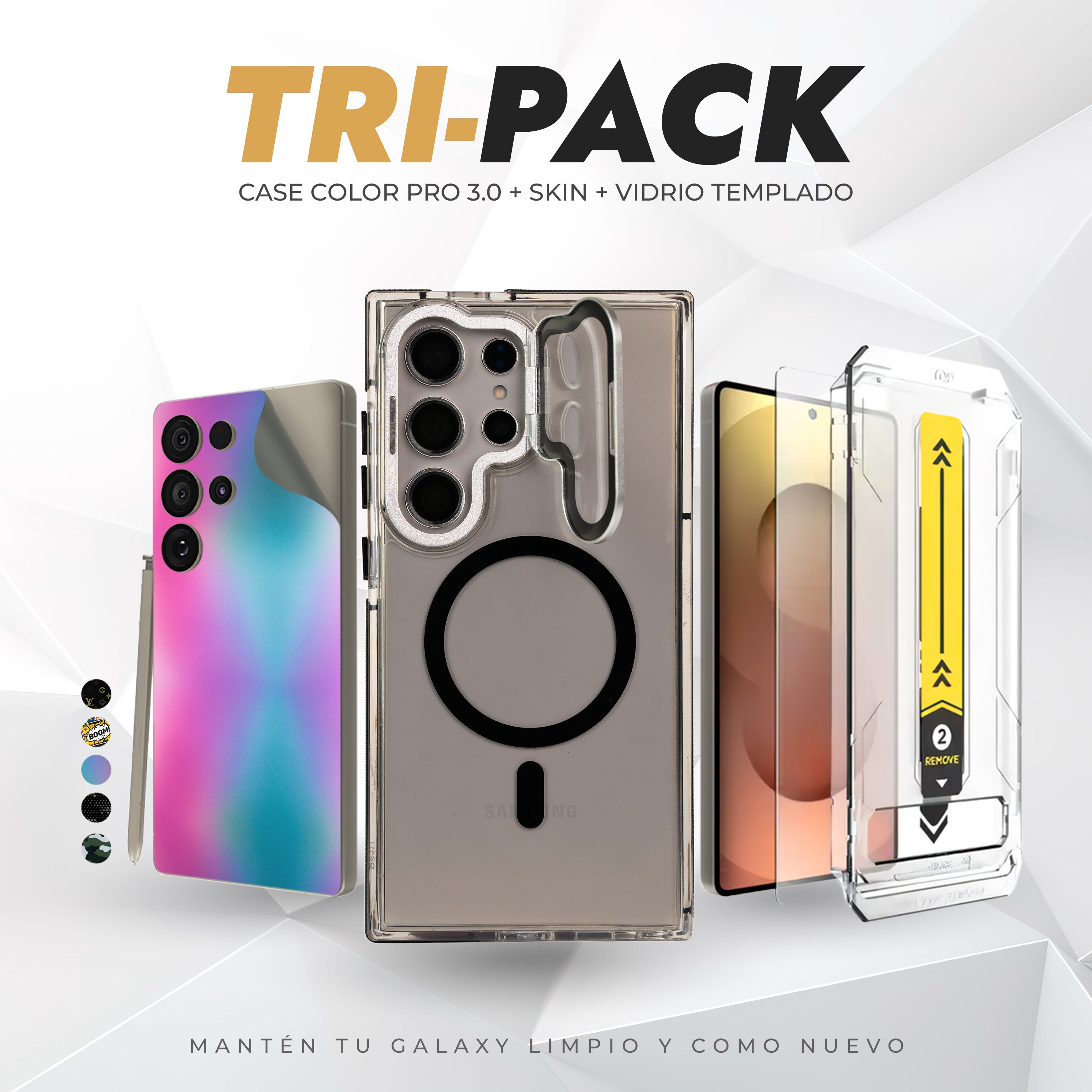 Tripack Galaxy S24 Ultra | Skin Premium + Case Color Pro 3 + Vidrio HD