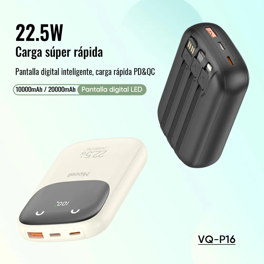 Power Bank Portátil 20000mah Mini Con Cables Integrado
