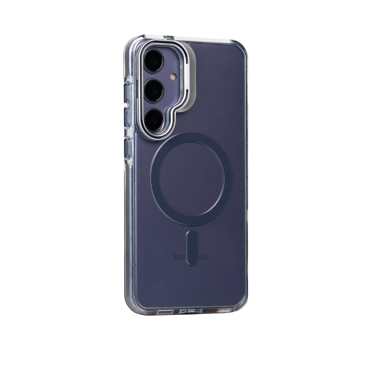 Case Pro azul en vista vertical con soporte metálico plegable, cámara protegida y compatibilidad total con MagSafe.