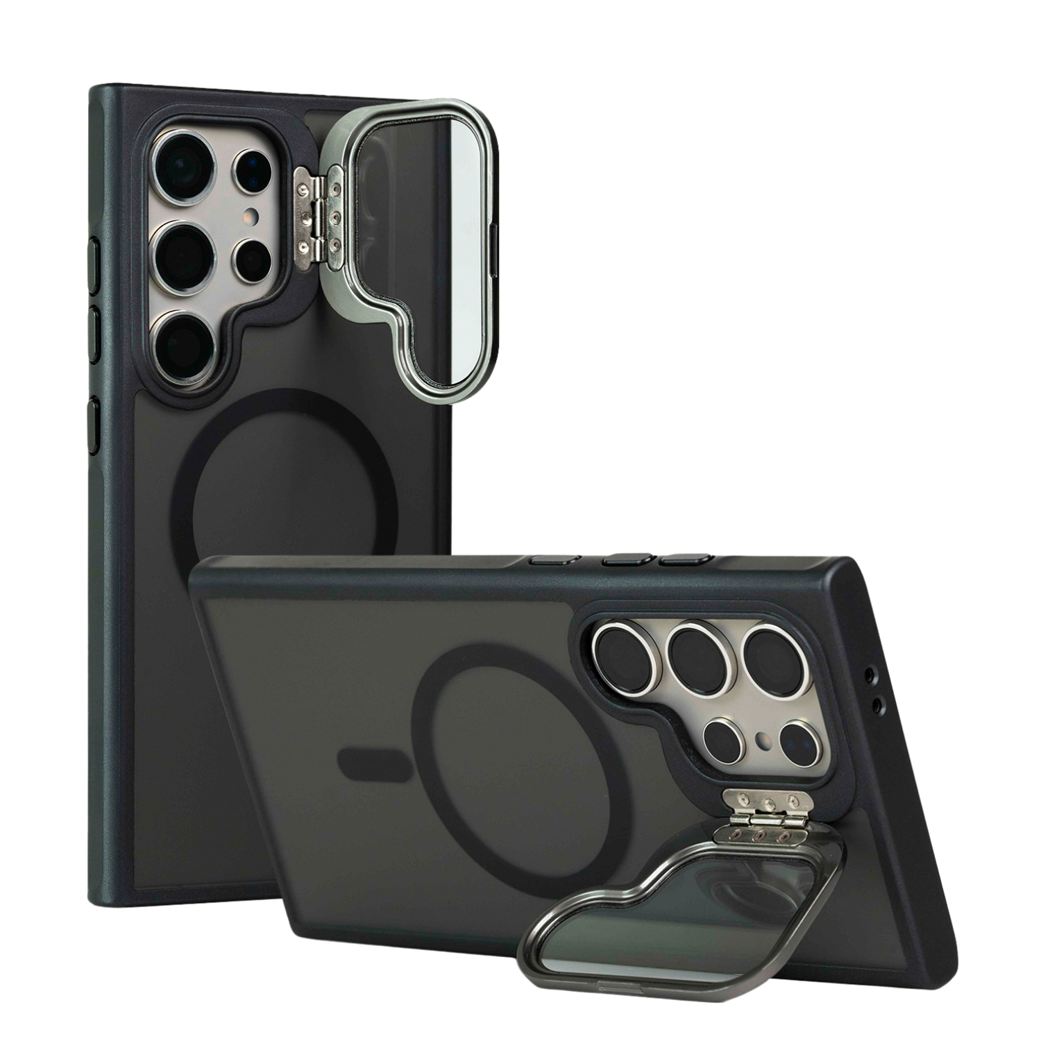 Case Pro Mate negro con soporte de metal integrado, diseño robusto con cámara protegida y compatibilidad MagSafe visto desde dos ángulos.
