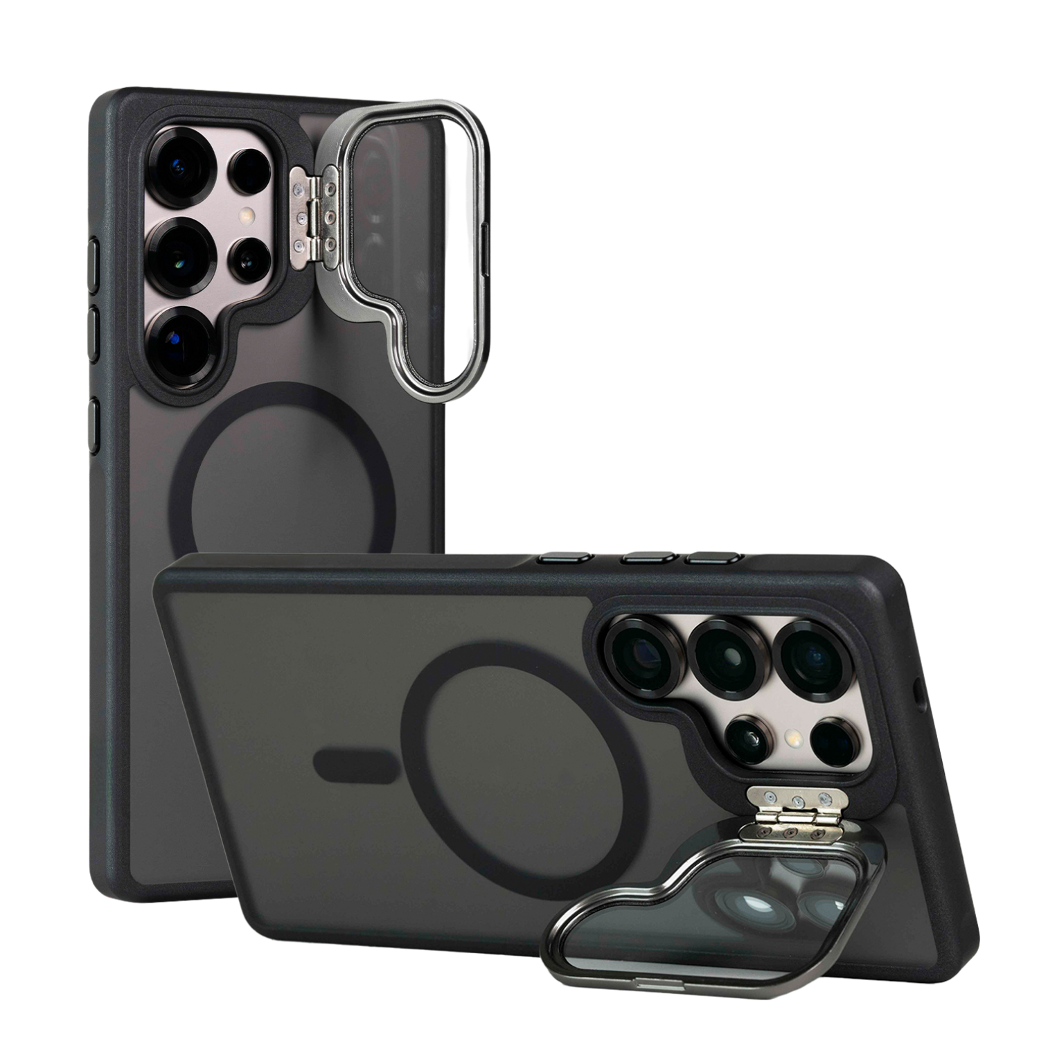 Case Pro Mate negro con soporte de metal integrado, diseño robusto con cámara protegida y compatibilidad MagSafe visto desde dos ángulos.