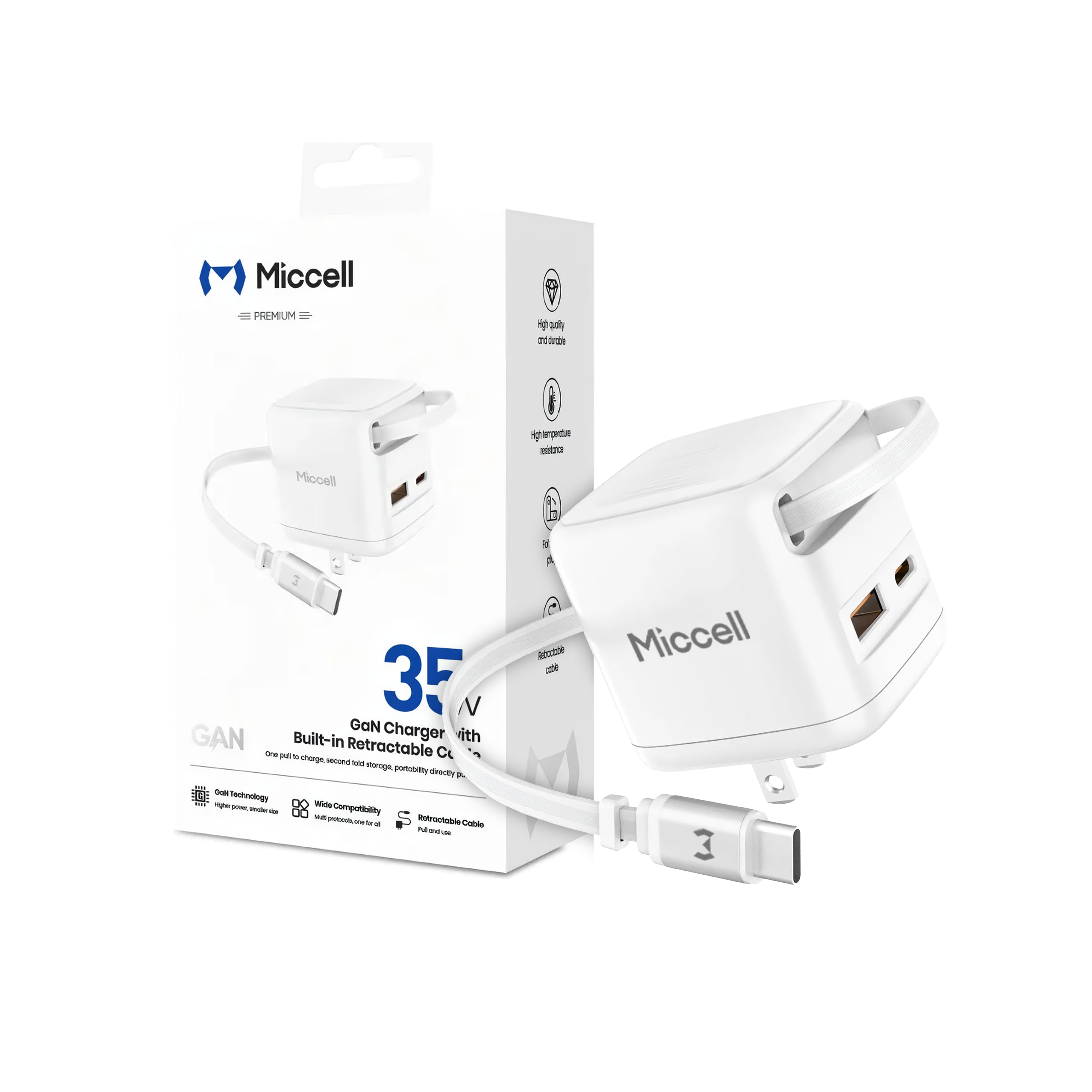 Cargador Miccell Gan 35w Cable Retráctil Usb C