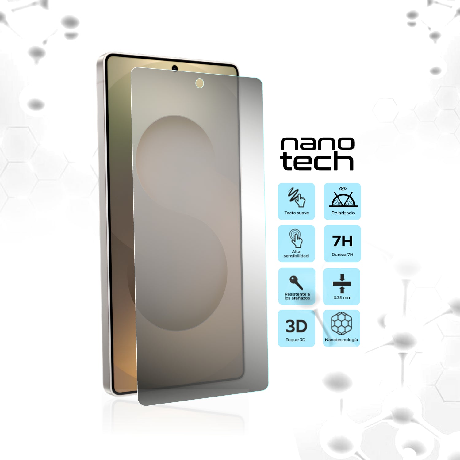 Protector Nanotech mate antiespía con iconos de beneficios: tacto suave, alta sensibilidad, 7H, 0.35 mm, resistente a arañazos y toque 3D para Samsung Galaxy S25 Ultra.