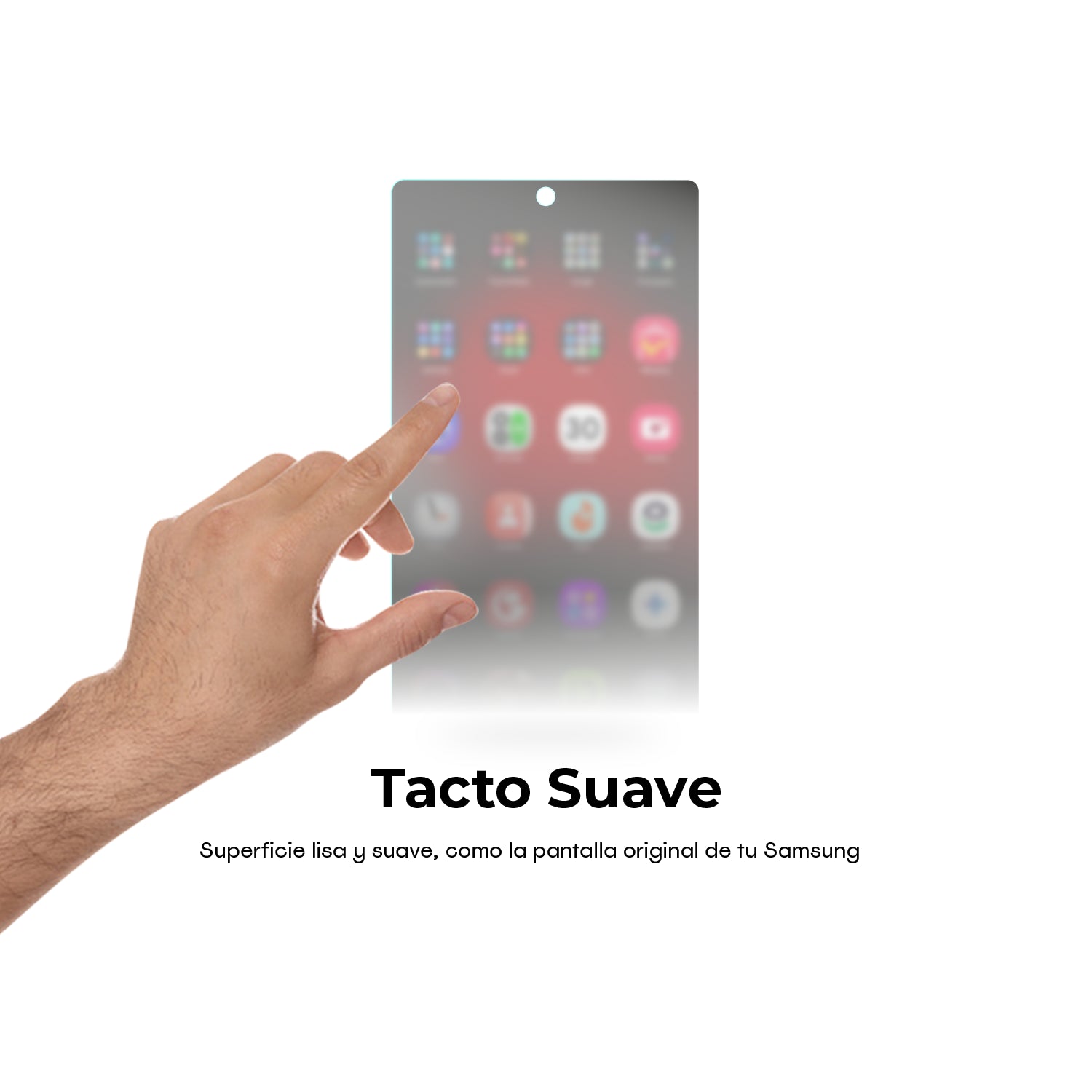 Mano tocando protector de pantalla Nanotech mate antiespía con tacto suave, compatible con Samsung Galaxy S25 Ultra.
