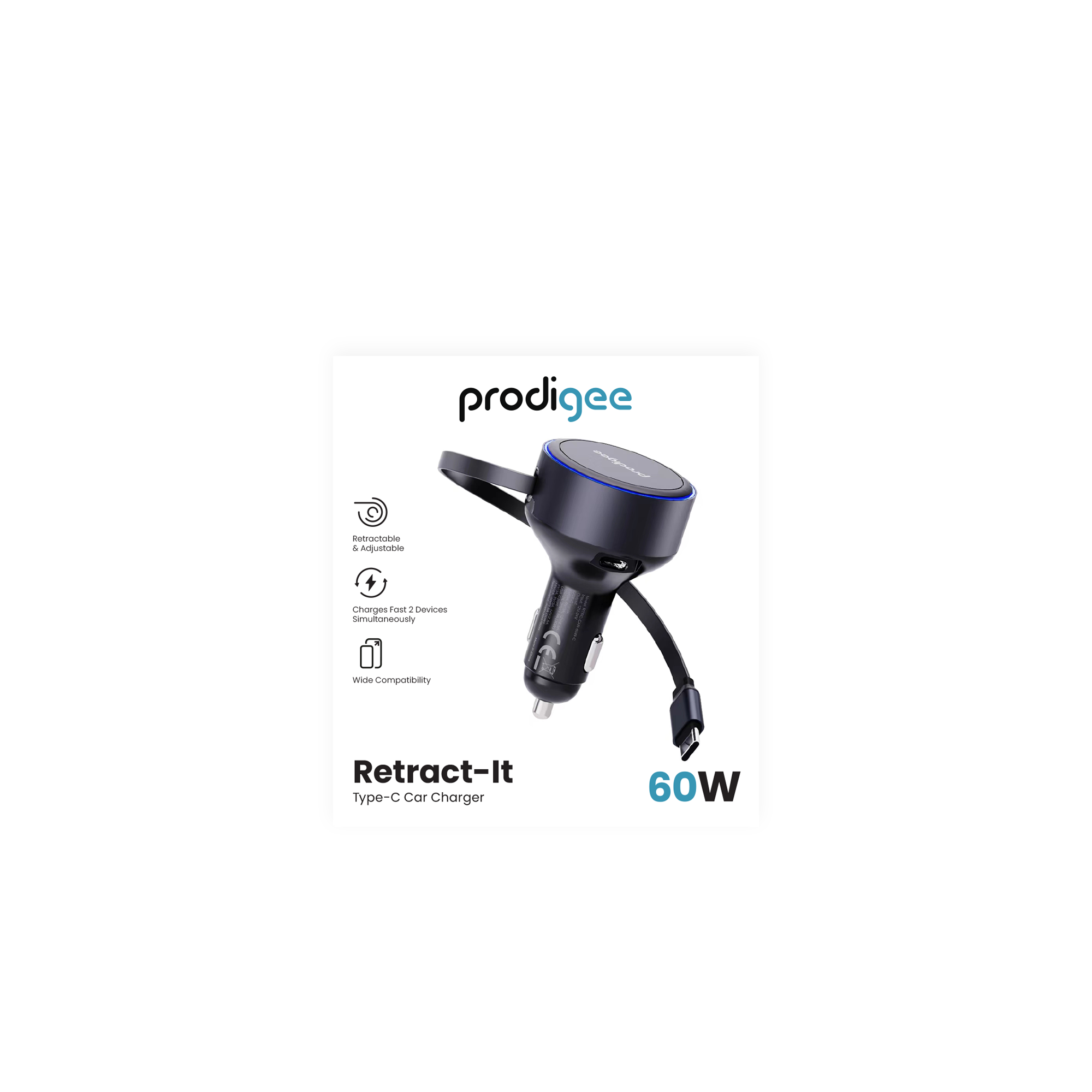 Prodigee - Cargador de auto Energee Retract-It 60W  - Tipo C