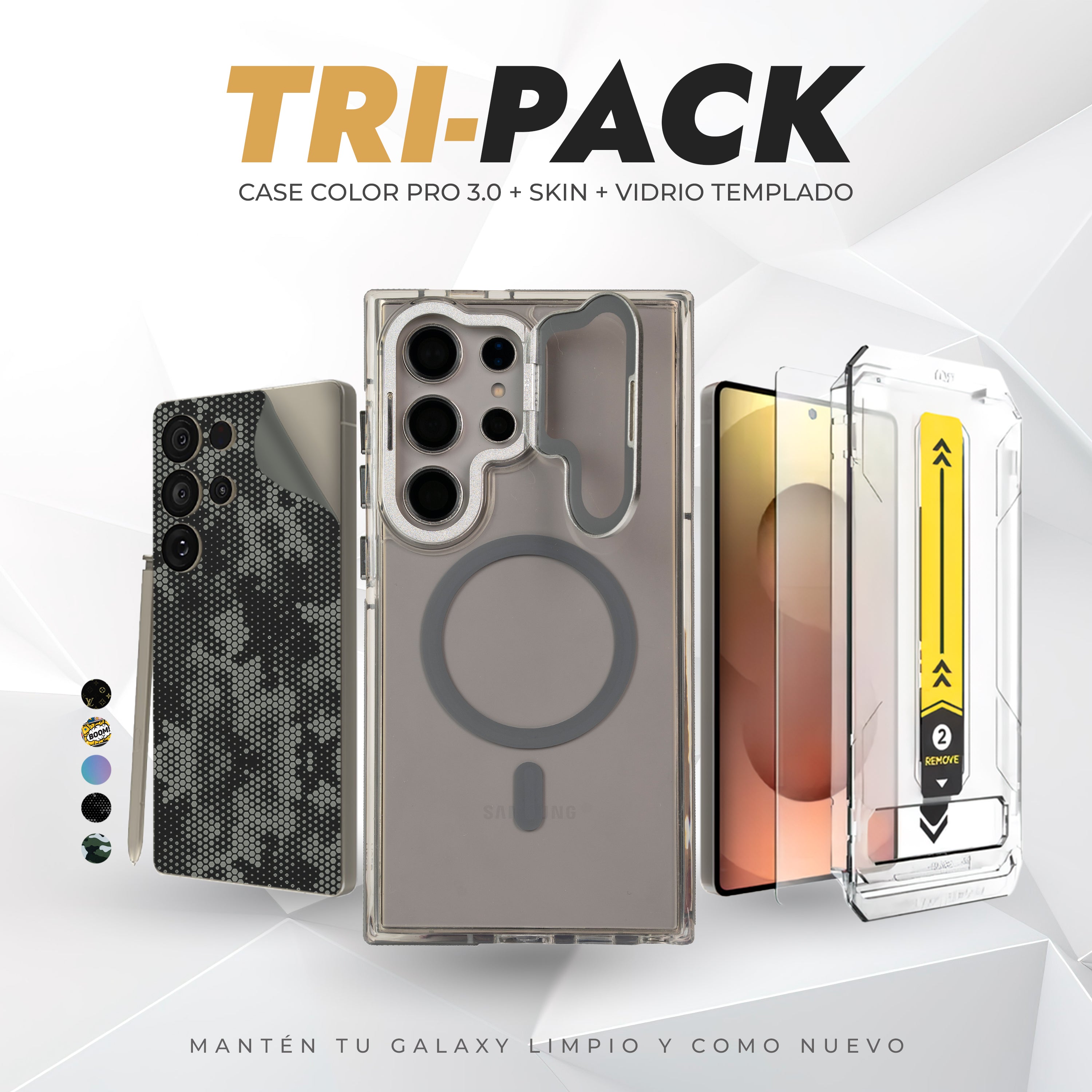 Tripack Galaxy S24 Ultra | Skin Premium + Case Color Pro 3 + Vidrio HD