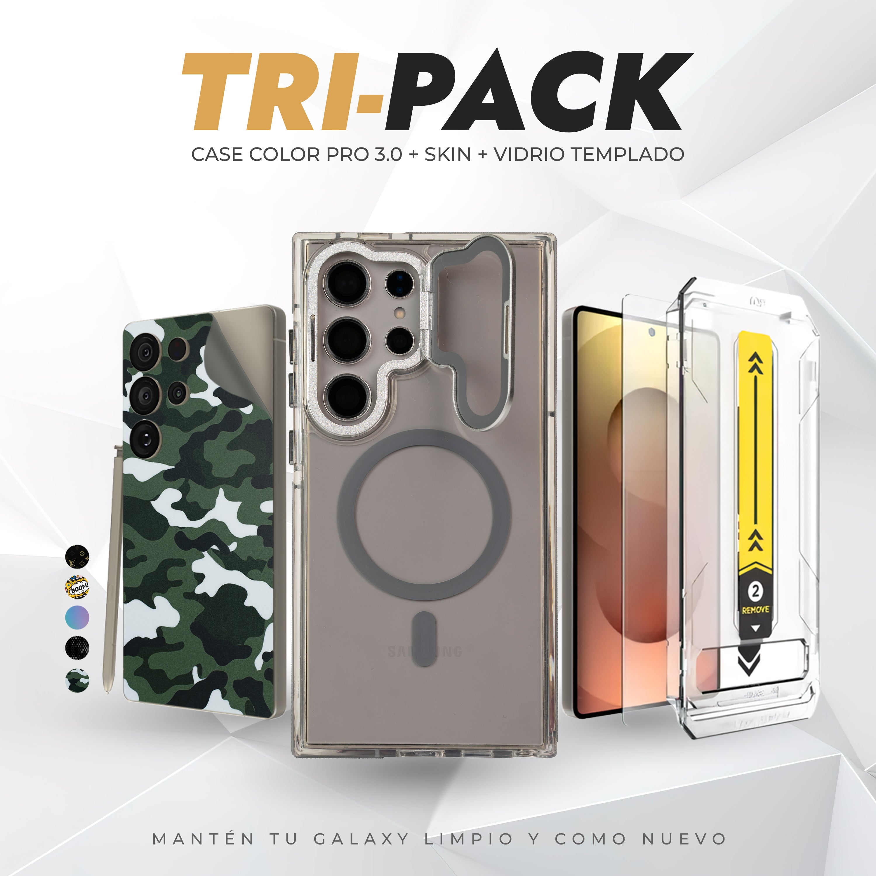 Tripack Galaxy S24 Ultra | Skin Premium + Case Color Pro 3 + Vidrio HD