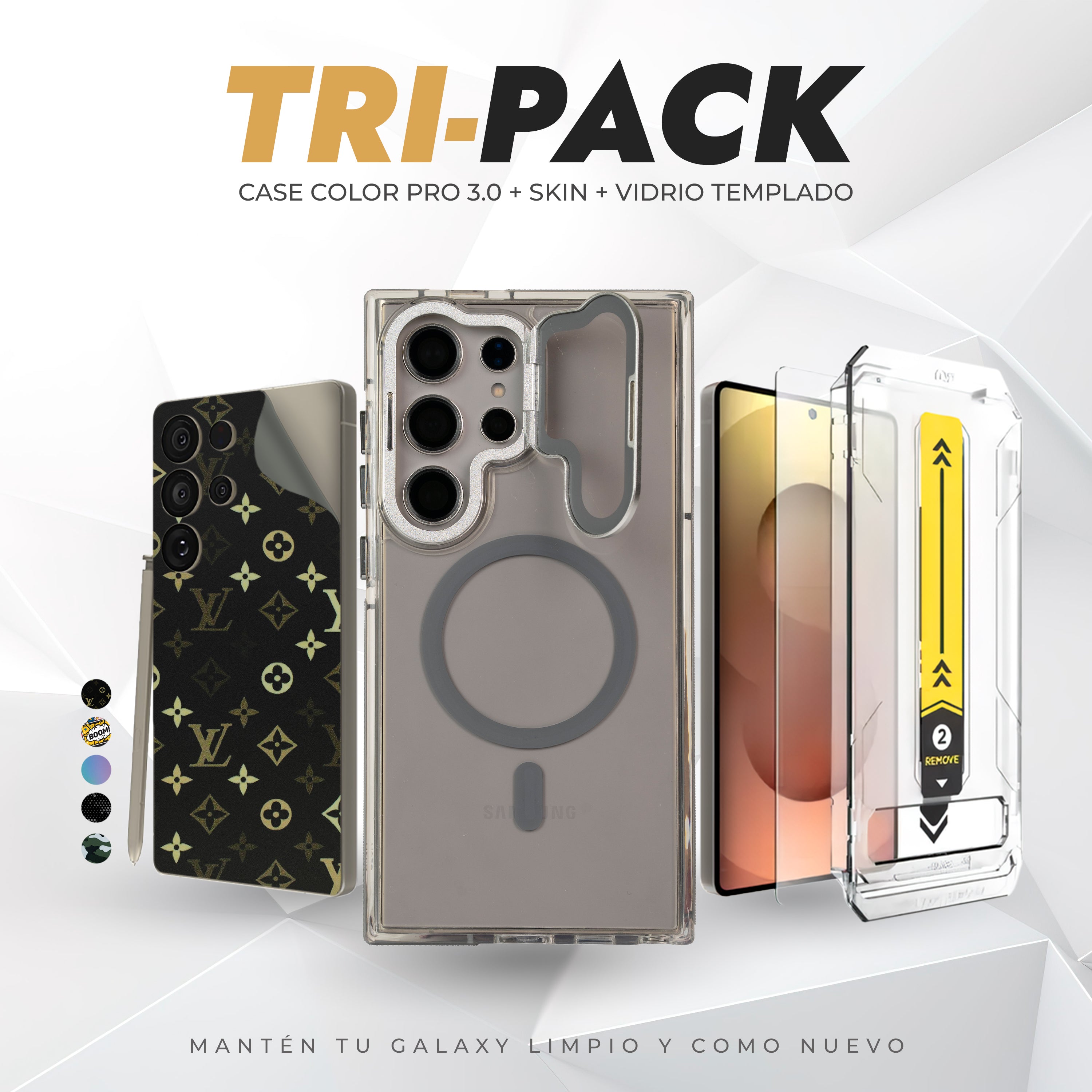 Tripack Galaxy S24 Ultra | Skin Premium + Case Color Pro 3 + Vidrio HD