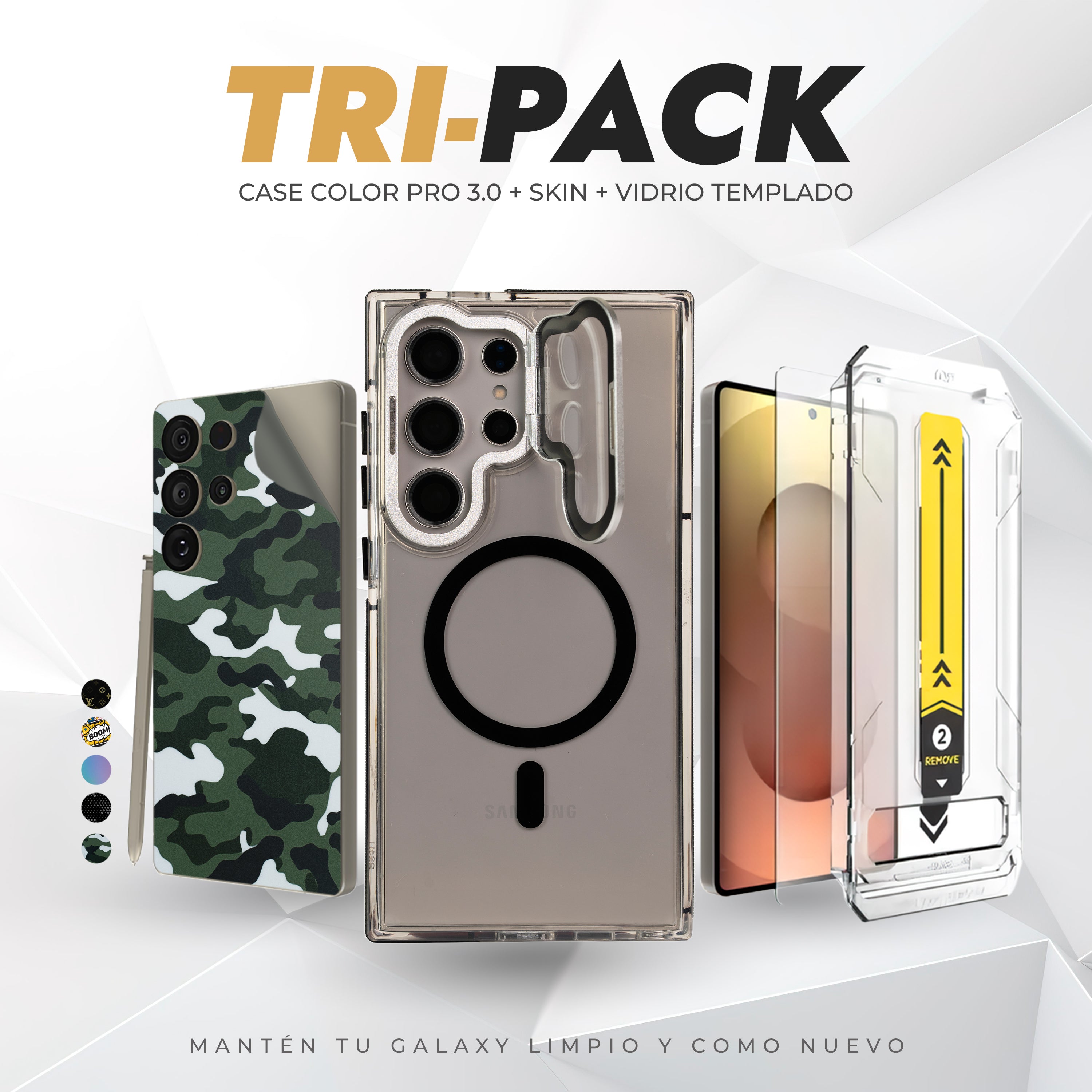 Tripack Galaxy S24 Ultra | Skin Premium + Case Color Pro 3 + Vidrio HD